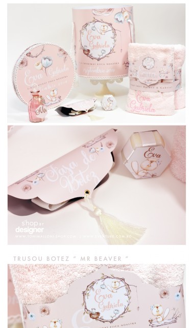 Trusou de botez brodat pentru fetite in culori pastelate, Domnisoara Castor  3